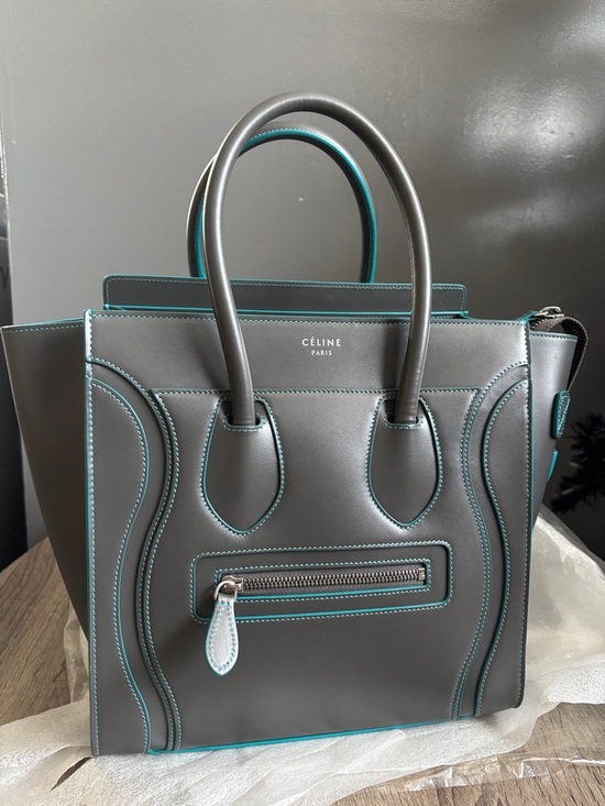 Celine Handbags - Celine Nano Luggage Gray Tote with Teal Trim